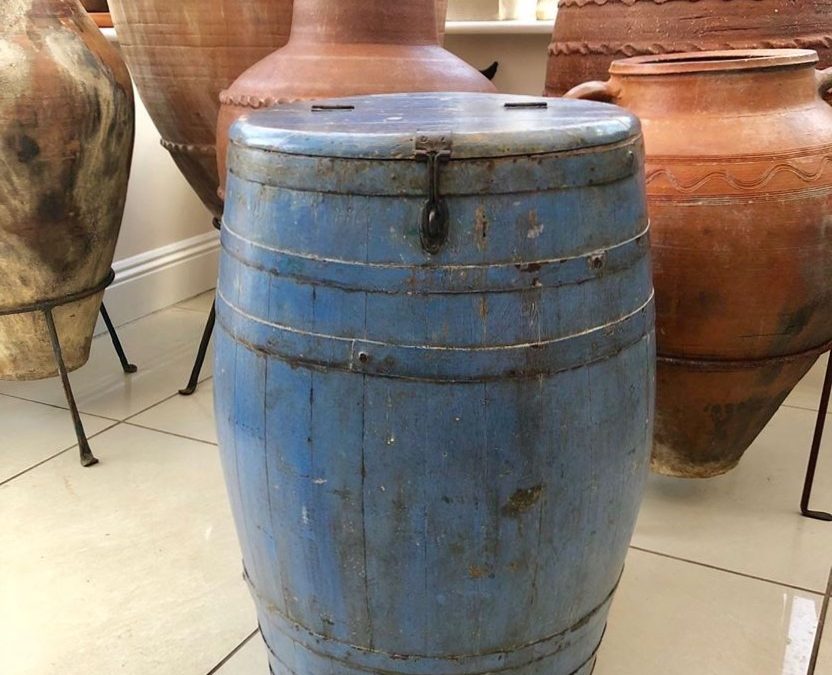 NOW SOLD – Original 19th Century Ship’s Oak Barrel – Beautiful Patina with Very Old Blue Painted Finish – £130