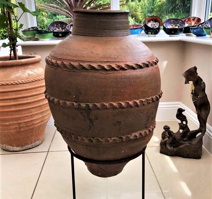 SOLD – Antique Olive Oil Storage Pot from the Aegean Sea Region of Turkey – Twisted Ribbed Decoration – £250 (inc stand)