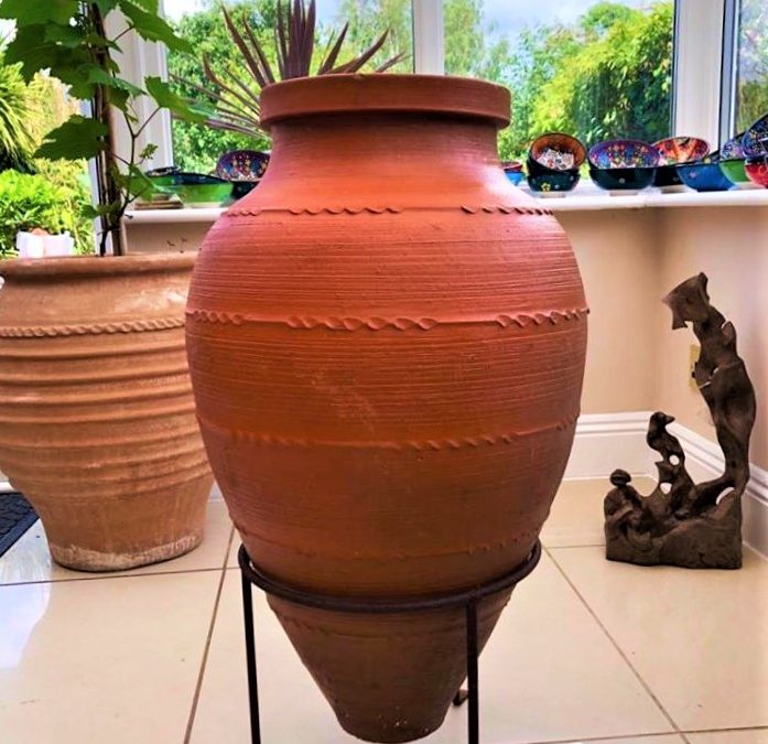 SOLD – Antique Olive Oil Storage Pot from the Aegean Sea Region of Turkey – Twisted Ribbed Decoration – £195 (inc stand)