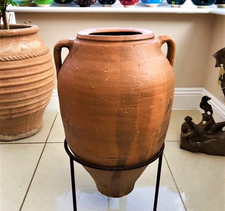 SOLD – Antique Water/Wine Storage Pot from the Inland Region of Turkey – 2 Handles – £125 (inc stand)