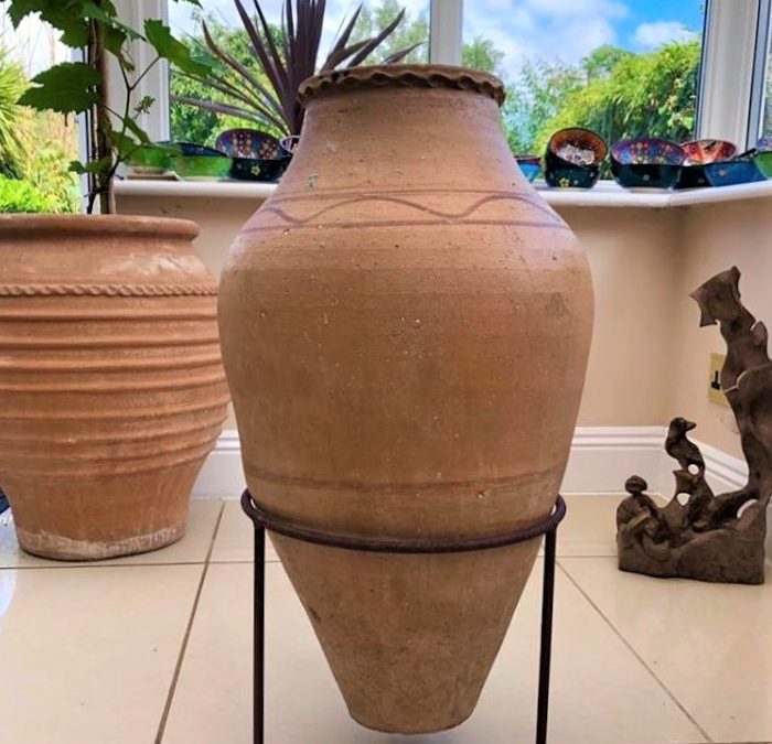 SOLD – Antique Olive Oil/Wine Storage Pot with Hand Painted Relief – from Southern Turkey – £175 (inc stand)