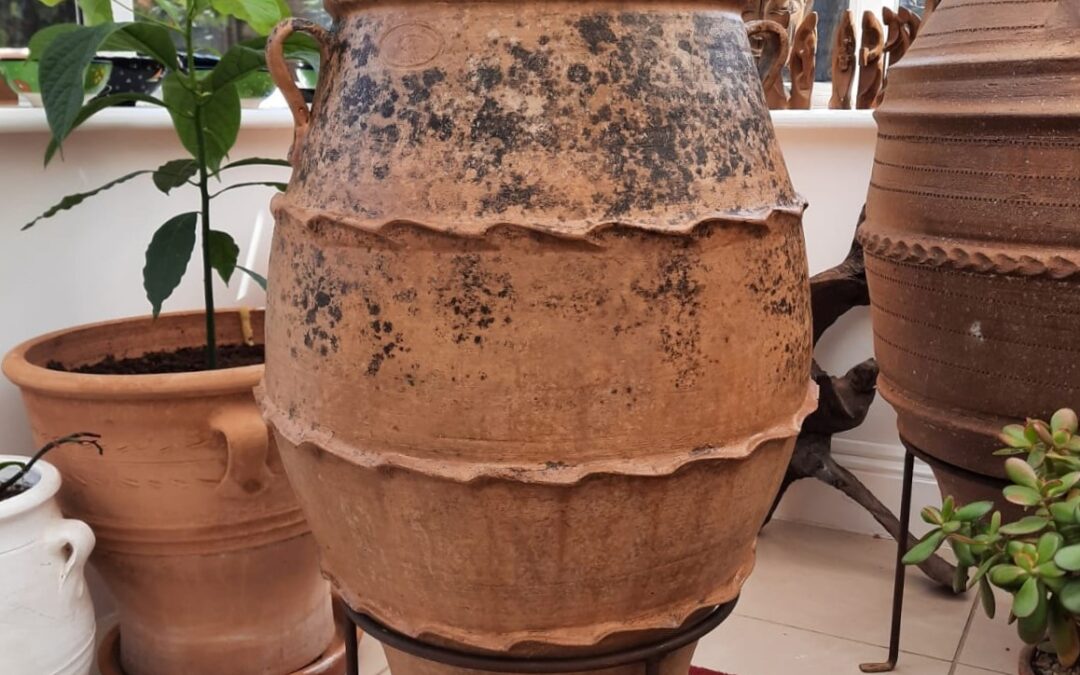 SOLD – Antique Cretan Olive Pot – Handmade on the Northern Coast of the Sea of Crete – Large 76cm X 43cm – 80 to 100 Years Old – £250 (inc stand)