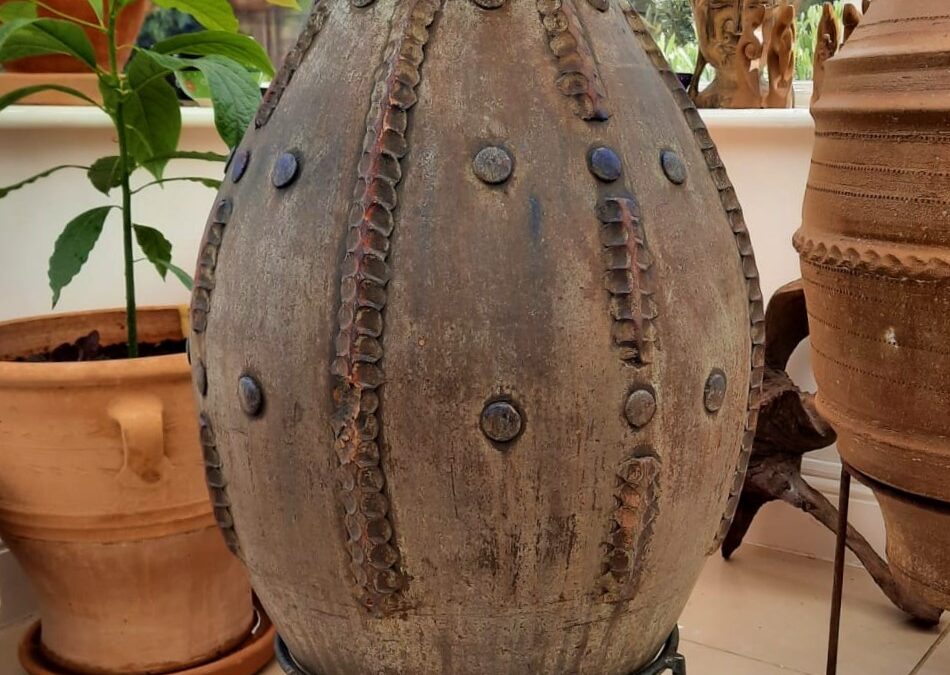 SOLD – Vintage Rare Tuscan Terracotta Pot – Handmade in Tuscany, Italy – Stunning Pewter Design- Large 88cm X 40cm – 20 to 30 Years Old – £295 (inc stand)