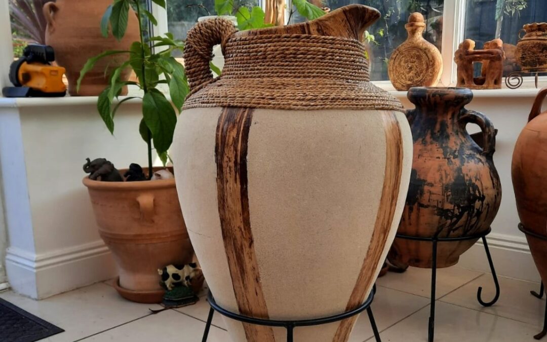 NOW SOLD – Vintage African Banana Bark Terracotta Jug – Very Unusual – Handmade – Extra Large 82cm High X 45cm Dia – 30 Years Old – £175 (inc stand)